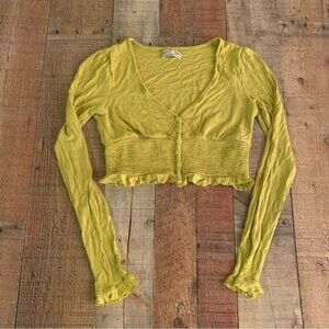 Urban outfitters womens yellow smocked long sleeve cropped top -M